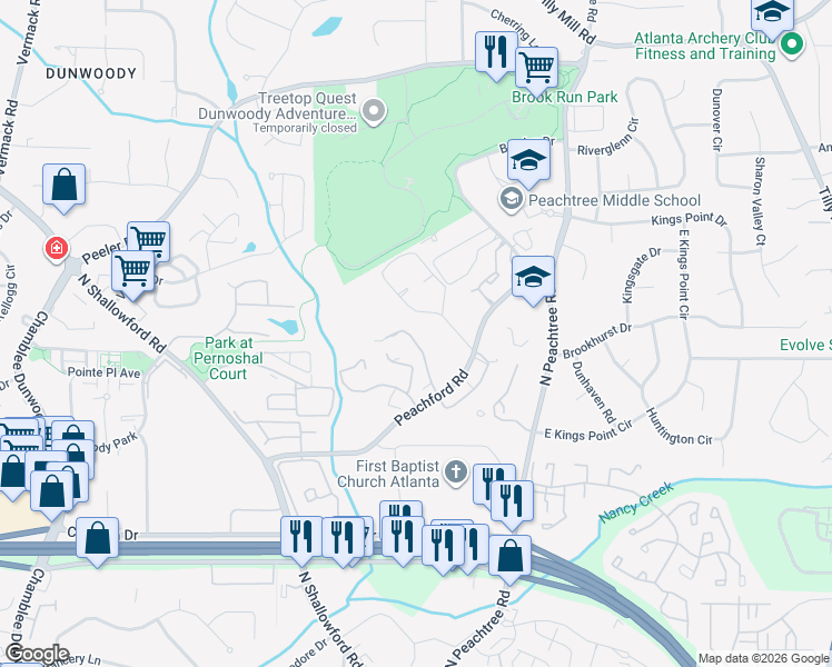 map of restaurants, bars, coffee shops, grocery stores, and more near 711 Dunbar Drive in Dunwoody