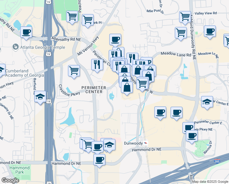 map of restaurants, bars, coffee shops, grocery stores, and more near 7000 Central Parkway in Sandy Springs