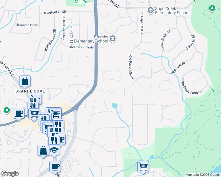 map of restaurants, bars, coffee shops, grocery stores, and more near 3223 Old Mill Trce Southeast in Marietta