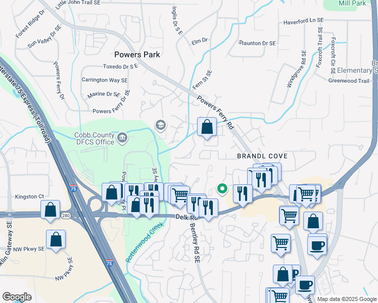 map of restaurants, bars, coffee shops, grocery stores, and more near 503 Ivy Green Lane Southeast in Marietta