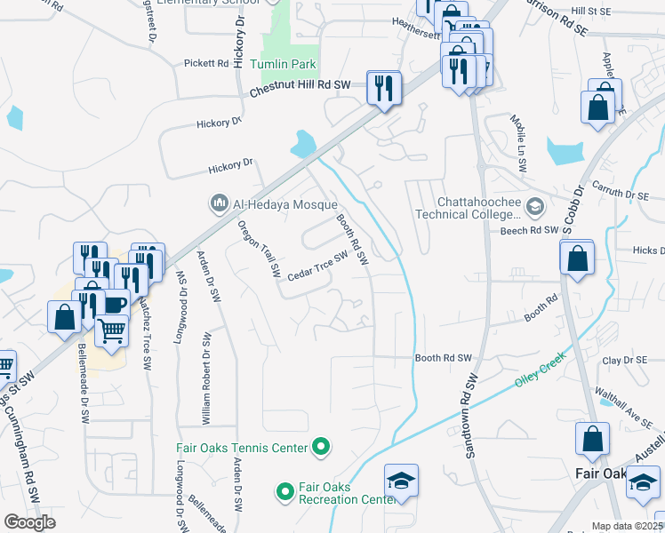 map of restaurants, bars, coffee shops, grocery stores, and more near 390 Cedar Trce Southwest in Marietta