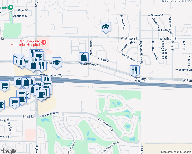 map of restaurants, bars, coffee shops, grocery stores, and more near 300 Apex Avenue in Banning