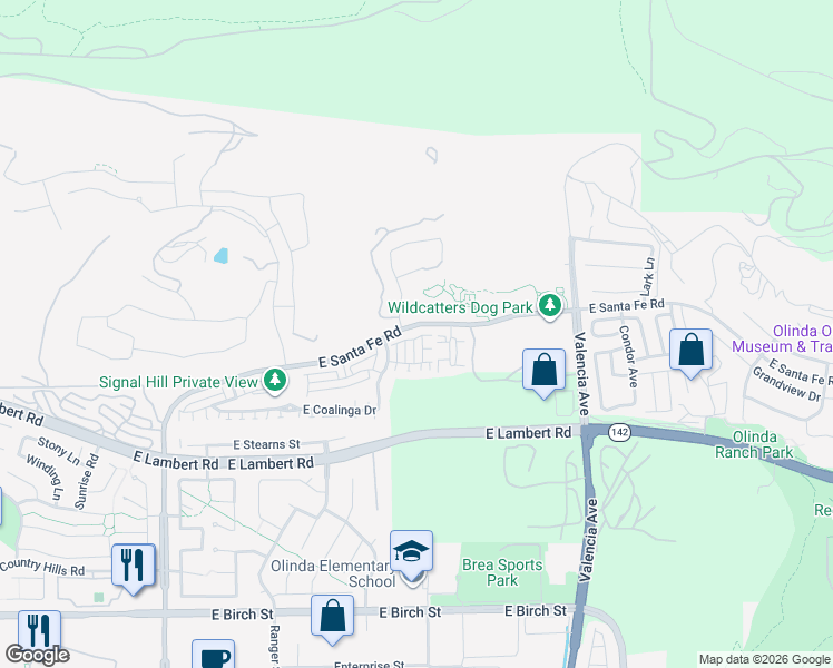 map of restaurants, bars, coffee shops, grocery stores, and more near 468 Signal Hill Court in Brea