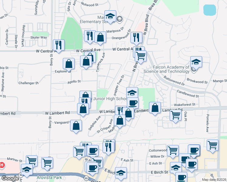map of restaurants, bars, coffee shops, grocery stores, and more near 520 Tamarack Avenue in Brea