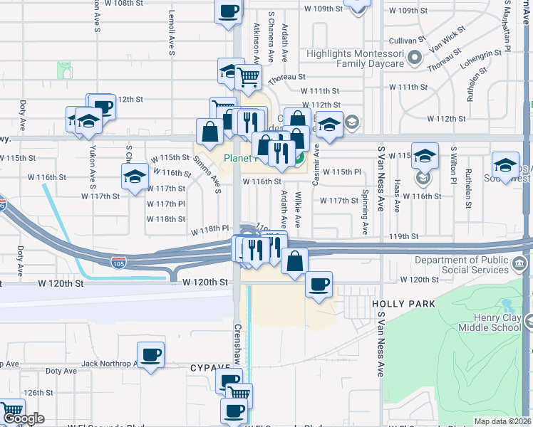 map of restaurants, bars, coffee shops, grocery stores, and more near 11723 Chanera Avenue in Hawthorne