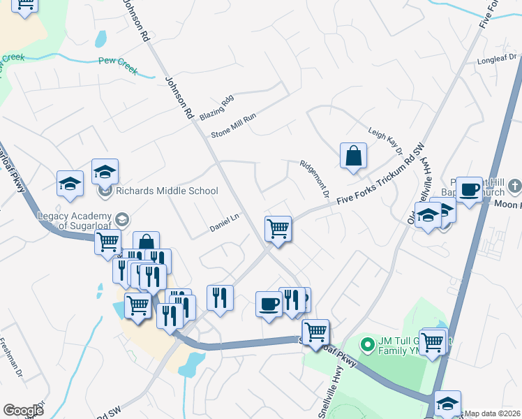 map of restaurants, bars, coffee shops, grocery stores, and more near 1231 Gateview Drive Southwest in Lawrenceville