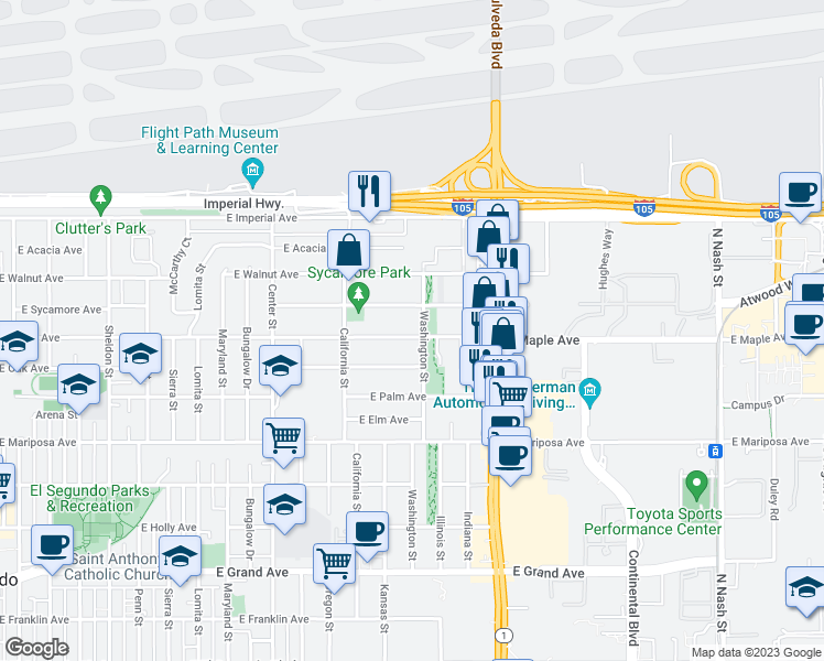 map of restaurants, bars, coffee shops, grocery stores, and more near 1511 East Maple Avenue in El Segundo