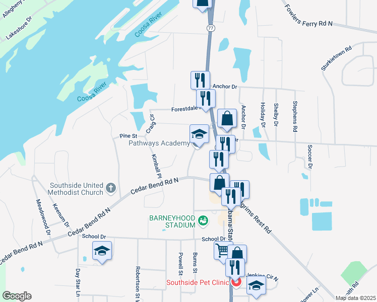 map of restaurants, bars, coffee shops, grocery stores, and more near 1802 Lakeview Road in Gadsden