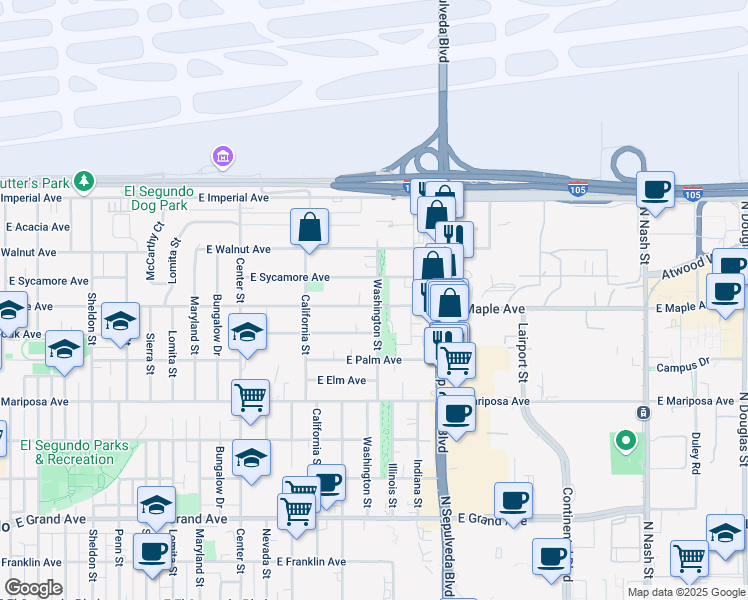 map of restaurants, bars, coffee shops, grocery stores, and more near 1511 East Maple Avenue in El Segundo