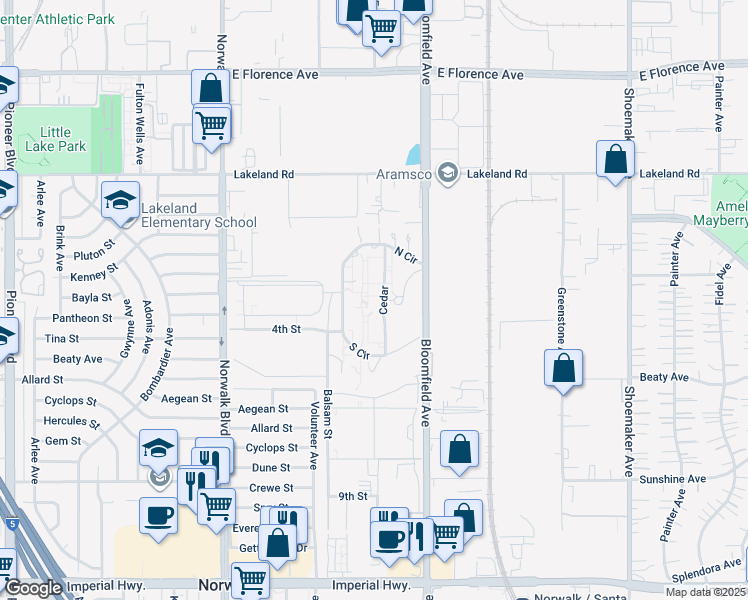map of restaurants, bars, coffee shops, grocery stores, and more near 11401 Bloomfield Avenue in Norwalk