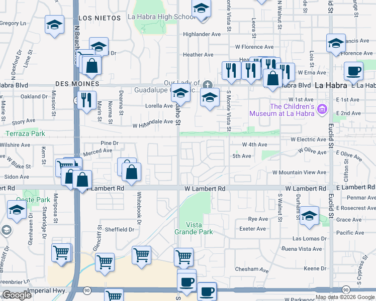 map of restaurants, bars, coffee shops, grocery stores, and more near 501 South Idaho Street in La Habra