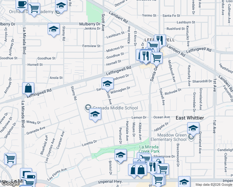 map of restaurants, bars, coffee shops, grocery stores, and more near 15433 Weeks Drive in Whittier