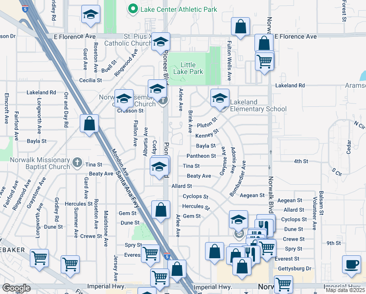 map of restaurants, bars, coffee shops, grocery stores, and more near 11435 Brink Avenue in Norwalk