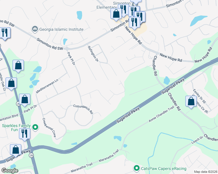 map of restaurants, bars, coffee shops, grocery stores, and more near 1501 Beechwood Circle in Lawrenceville