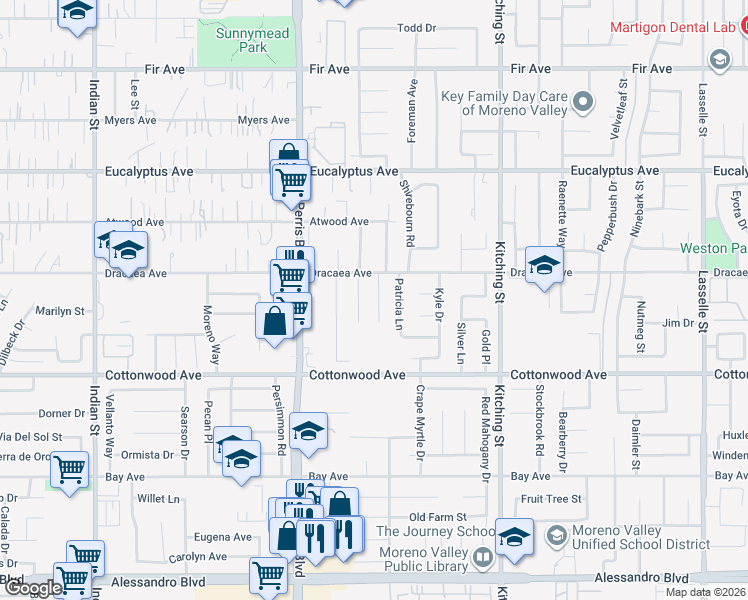 map of restaurants, bars, coffee shops, grocery stores, and more near 13315 Tacoma Street in Moreno Valley