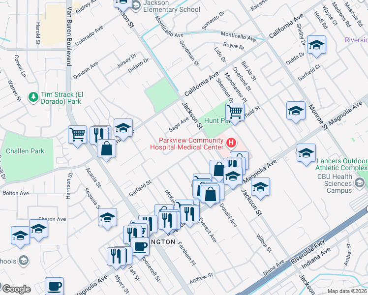 map of restaurants, bars, coffee shops, grocery stores, and more near 9205 Garfield Street in Riverside
