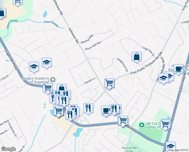 map of restaurants, bars, coffee shops, grocery stores, and more near 1201 Daniel Lane in Lawrenceville
