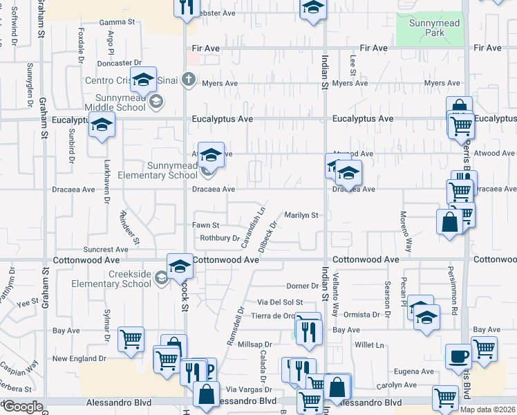 map of restaurants, bars, coffee shops, grocery stores, and more near 24251 Radwell Drive in Moreno Valley