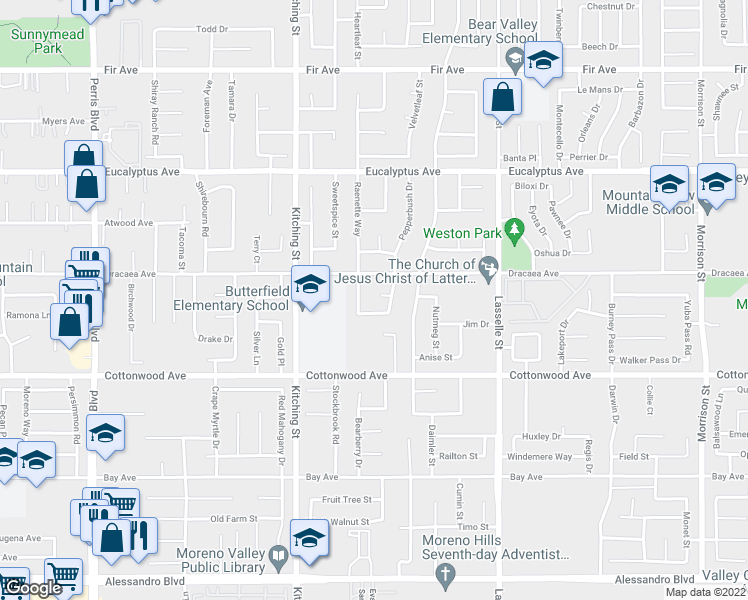 map of restaurants, bars, coffee shops, grocery stores, and more near 25685 Beeja Court in Moreno Valley
