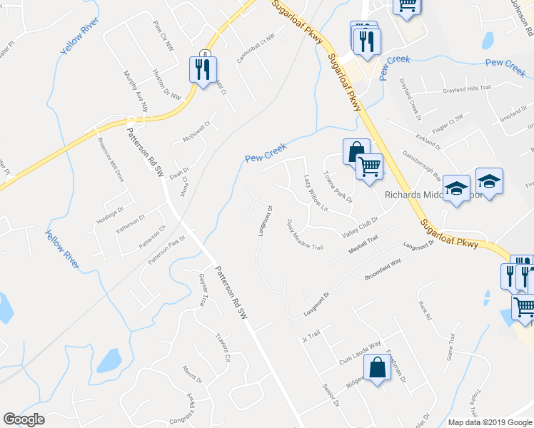 map of restaurants, bars, coffee shops, grocery stores, and more near 2314 Longmont Drive in Lawrenceville