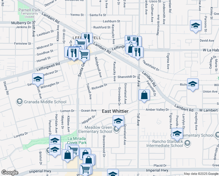 map of restaurants, bars, coffee shops, grocery stores, and more near 16033 Willows Court in Whittier
