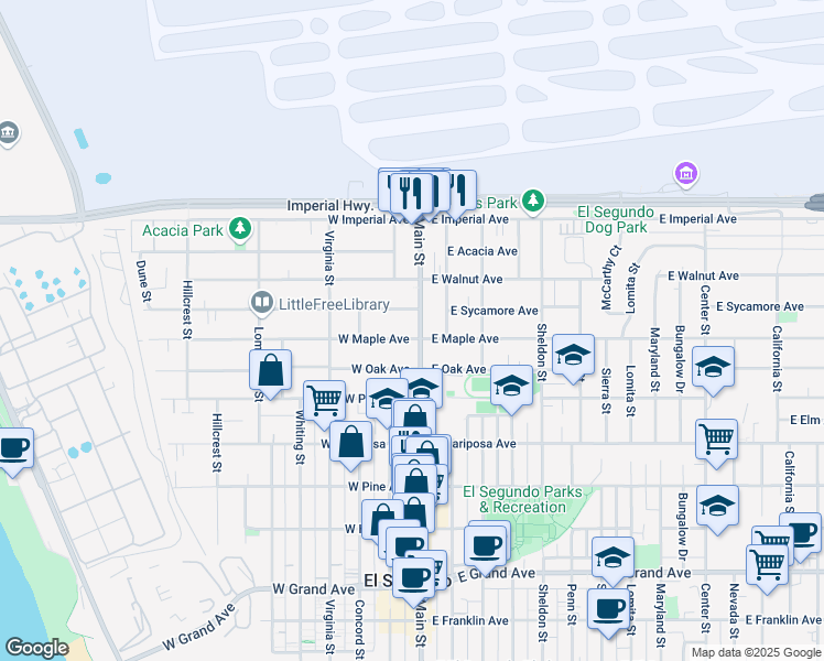 map of restaurants, bars, coffee shops, grocery stores, and more near 800 Main Street in El Segundo