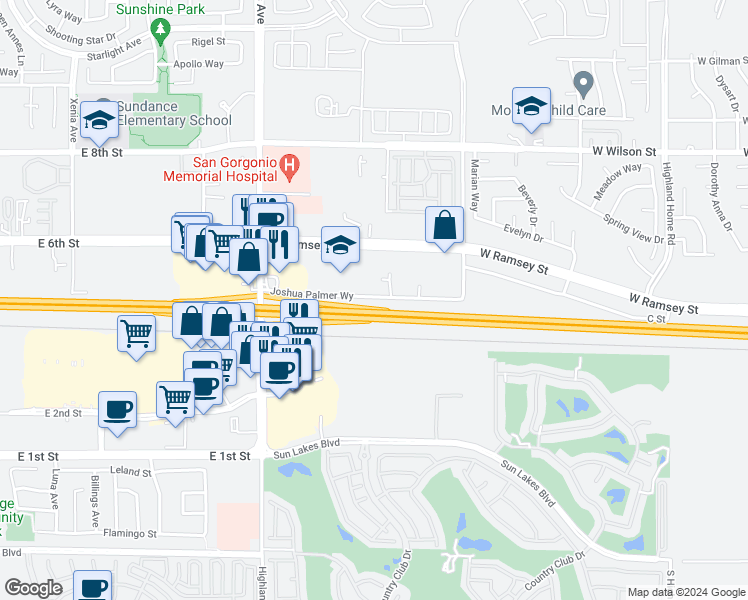 map of restaurants, bars, coffee shops, grocery stores, and more near 5960 Joshua Palmer Way in Banning