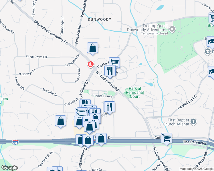 map of restaurants, bars, coffee shops, grocery stores, and more near 4630 North Shallowford Road in Dunwoody