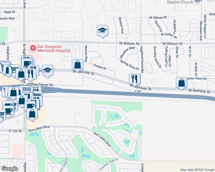 map of restaurants, bars, coffee shops, grocery stores, and more near 5242 C Street in Banning