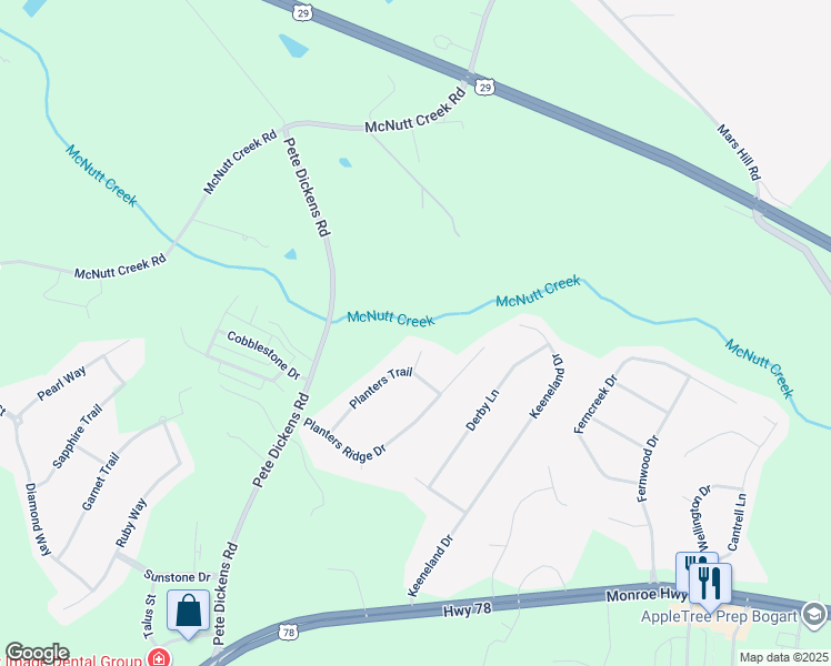 map of restaurants, bars, coffee shops, grocery stores, and more near 1031 Quail Ridge Way in Bogart