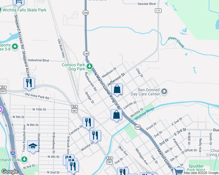 map of restaurants, bars, coffee shops, grocery stores, and more near 811 North Martin Luther king Junior Boulevard in Wichita Falls