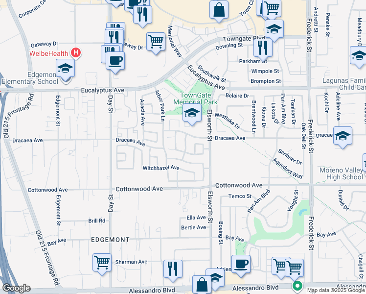 map of restaurants, bars, coffee shops, grocery stores, and more near 13333 Snowbell Lane in Moreno Valley