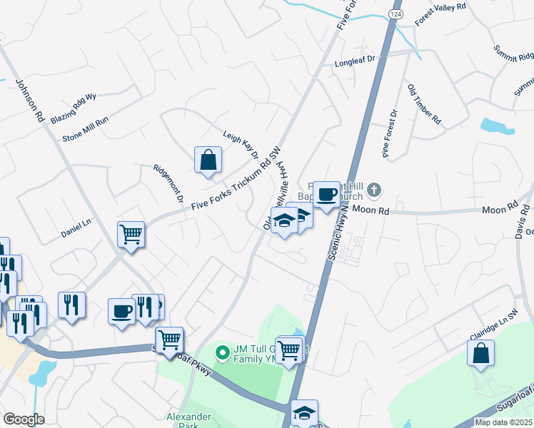 map of restaurants, bars, coffee shops, grocery stores, and more near 1042 Pecan Grove Place in Lawrenceville