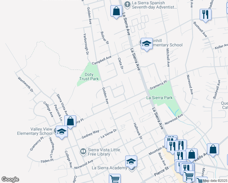 map of restaurants, bars, coffee shops, grocery stores, and more near 5365 Dunlop Drive in Riverside