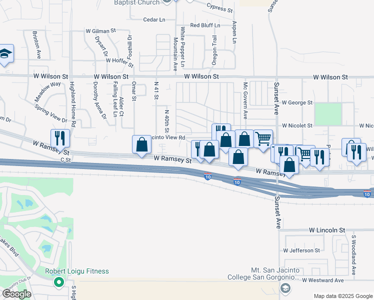 map of restaurants, bars, coffee shops, grocery stores, and more near 3911 West Ramsey Street in Banning