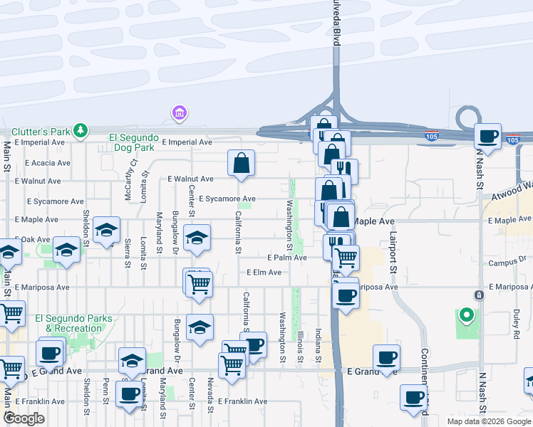 map of restaurants, bars, coffee shops, grocery stores, and more near 1437 East Maple Avenue in El Segundo