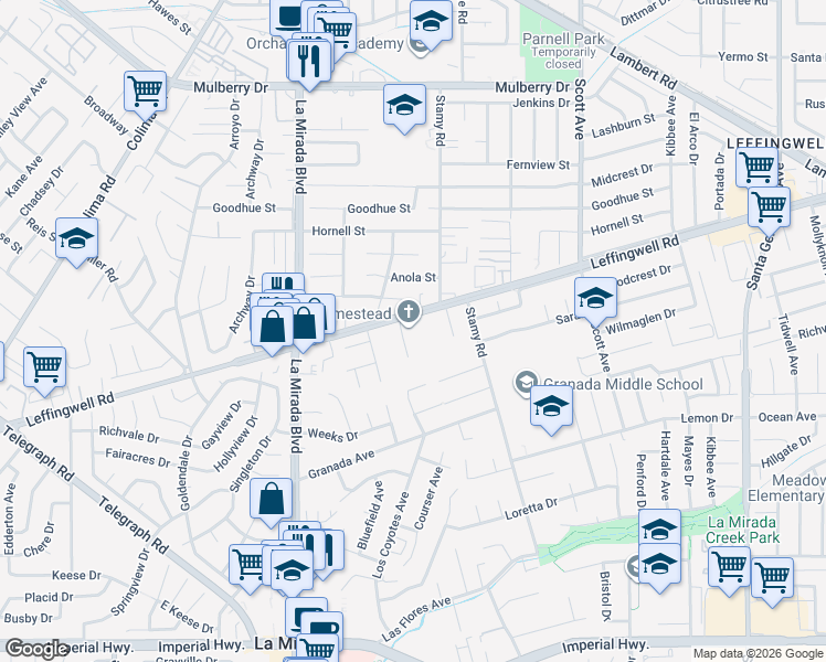 map of restaurants, bars, coffee shops, grocery stores, and more near 15144 Leffingwell Road in La Mirada