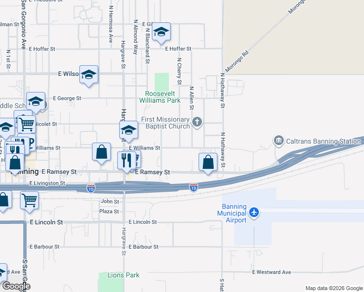 map of restaurants, bars, coffee shops, grocery stores, and more near 445 North 40th Street in Banning