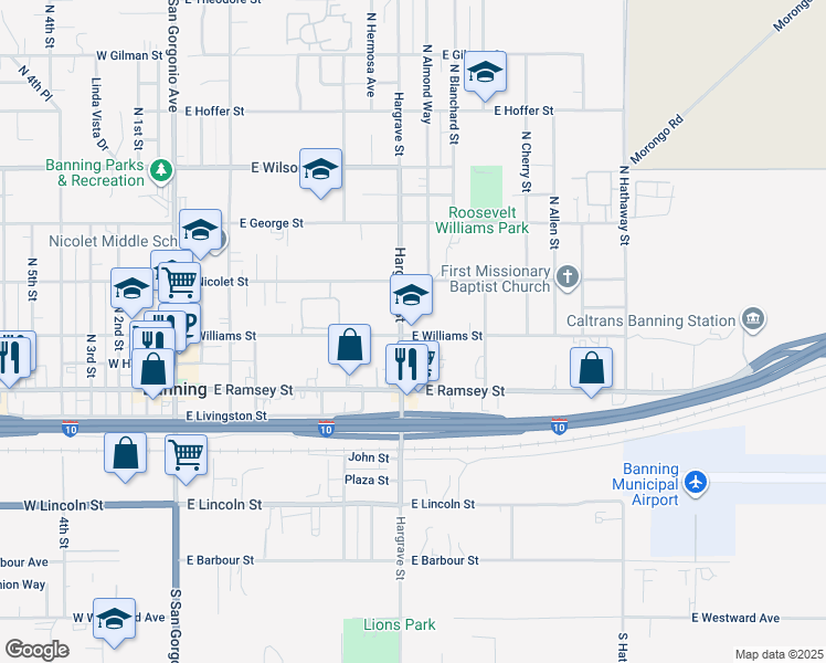 map of restaurants, bars, coffee shops, grocery stores, and more near in Banning