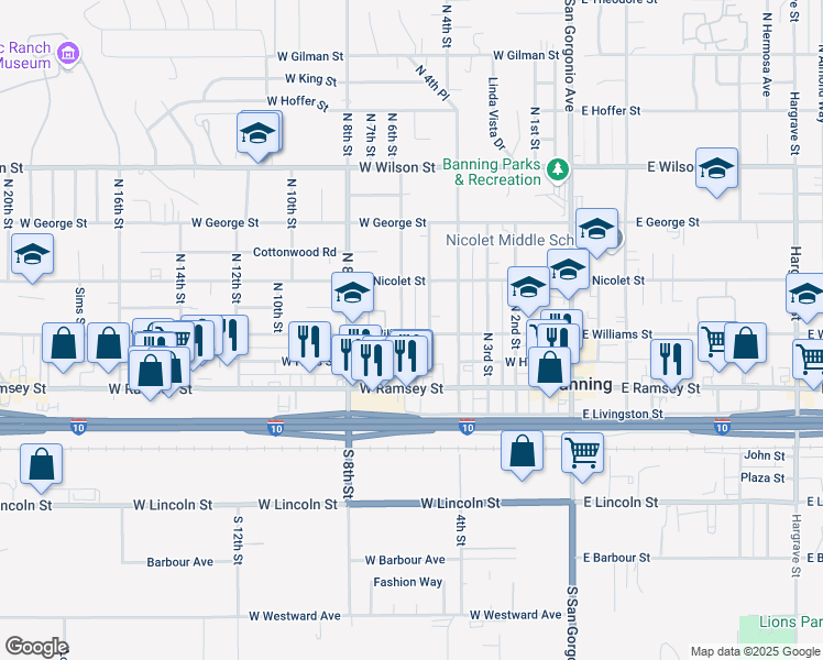 map of restaurants, bars, coffee shops, grocery stores, and more near 568 West Williams Street in Banning