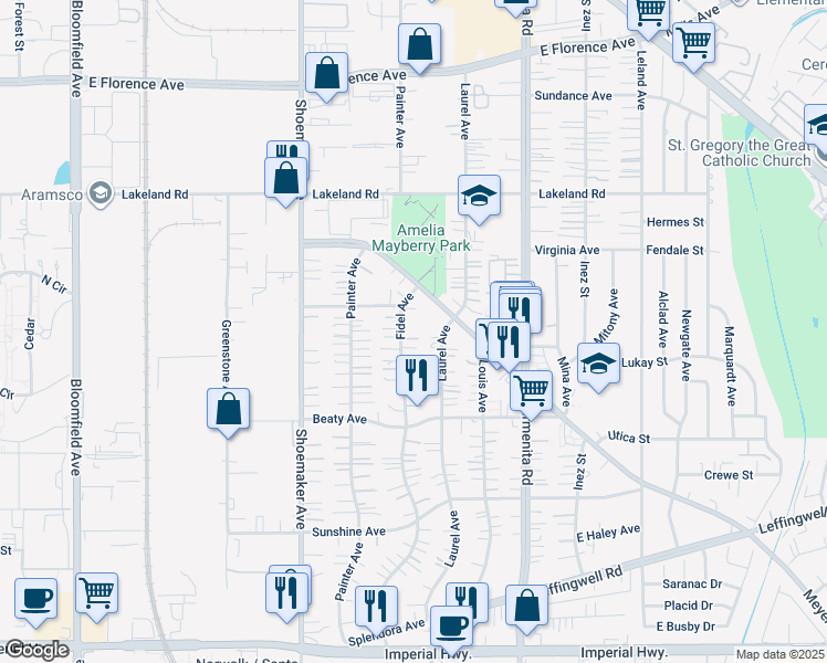 map of restaurants, bars, coffee shops, grocery stores, and more near 11503 Fidel Avenue in Whittier