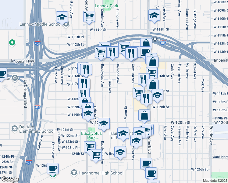 map of restaurants, bars, coffee shops, grocery stores, and more near 4618 West 118th Street in Hawthorne