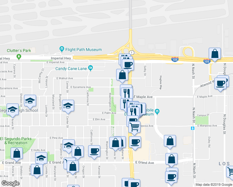 map of restaurants, bars, coffee shops, grocery stores, and more near 1633 East Maple Avenue in El Segundo