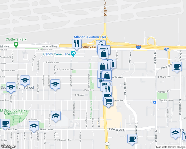 map of restaurants, bars, coffee shops, grocery stores, and more near 1633 East Maple Avenue in El Segundo