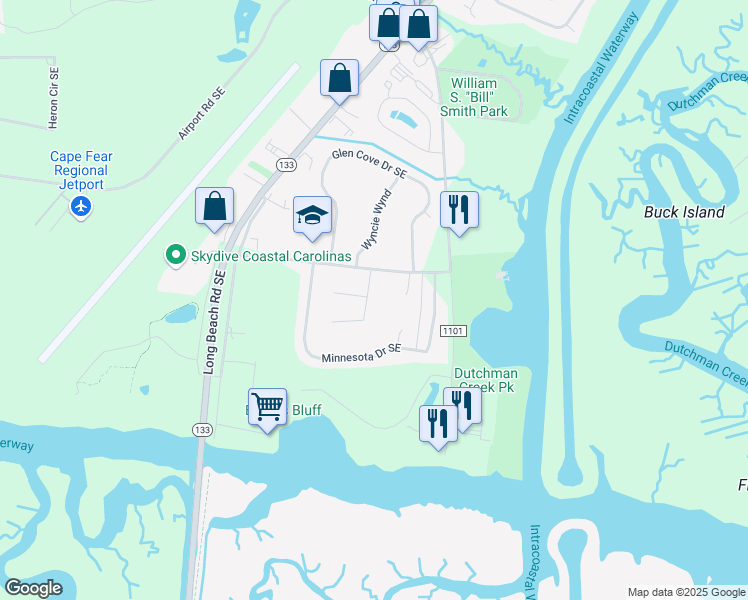 map of restaurants, bars, coffee shops, grocery stores, and more near 5126 Elton Drive Southeast in Southport