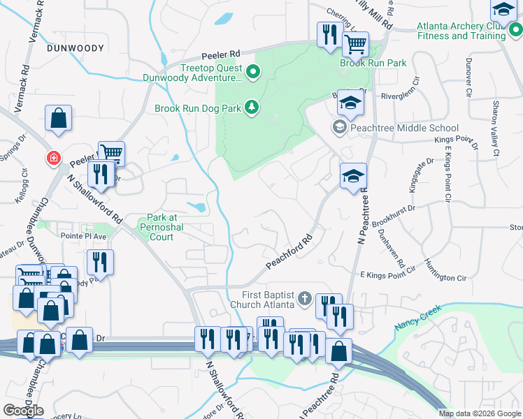 map of restaurants, bars, coffee shops, grocery stores, and more near 909 Dunbar Drive in Dunwoody