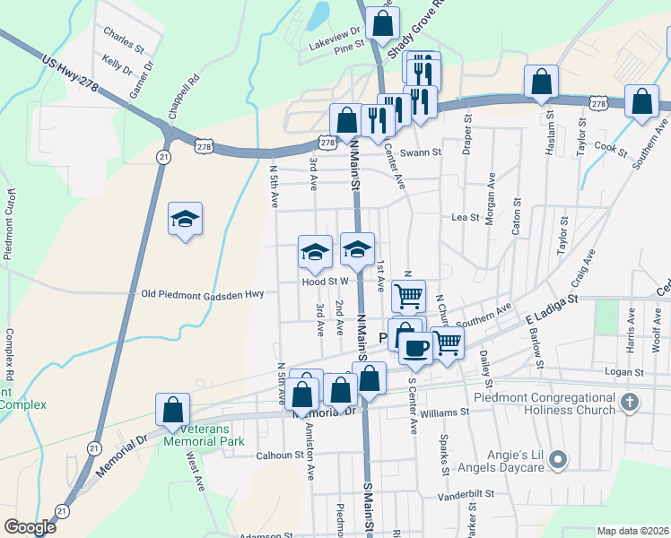 map of restaurants, bars, coffee shops, grocery stores, and more near 504 Hood Street West in Piedmont