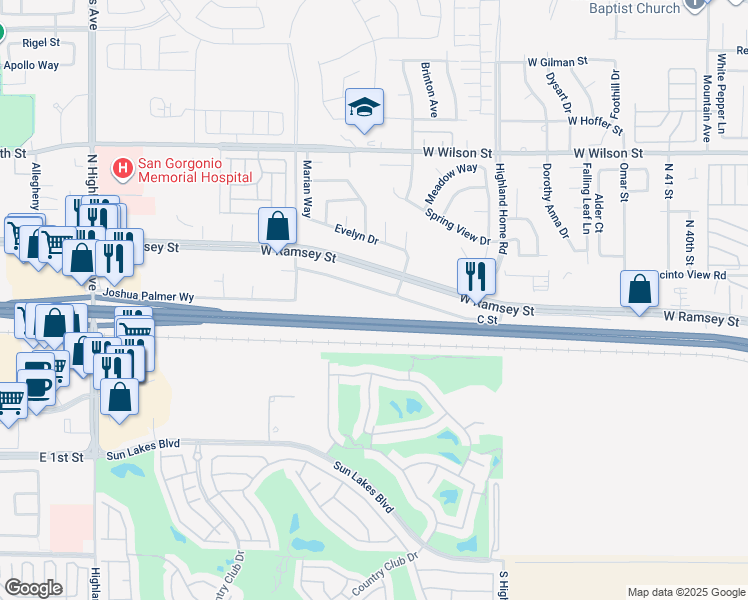 map of restaurants, bars, coffee shops, grocery stores, and more near 5242 C Street in Banning