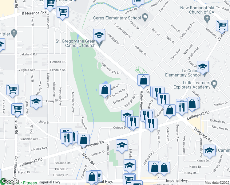 map of restaurants, bars, coffee shops, grocery stores, and more near 14137 Viburnum Drive in Whittier