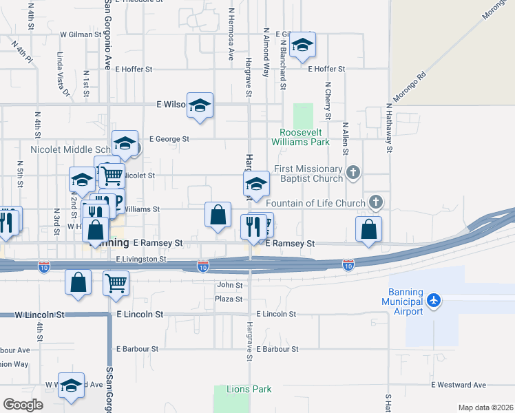map of restaurants, bars, coffee shops, grocery stores, and more near in Banning